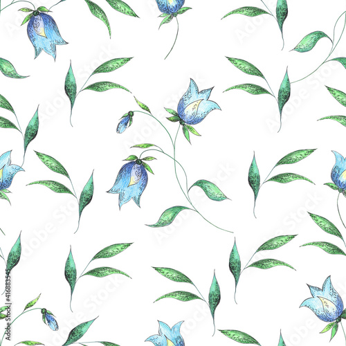 Delicate elegant seamless floral pattern. Blue bluebells with green leaves on a white background. It can be used to create fabrics, wallpaper, and packaging. Drawing by hand with colored pencils.