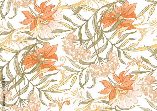 Seamless pattern  background with decorative flowers in art nouveau style  vintage  old  retro style. Vector illustration.