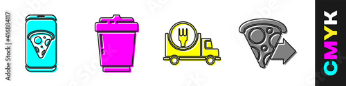 Set Food ordering pizza, Coffee cup to go, Fast delivery by car and Online ordering pizza delivery icon. Vector.