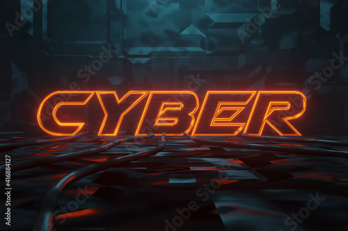 3D rendering of Cyberpunk word cyber illuminated in orange in metal background. Artificially illuminated presentation words with blue light photo