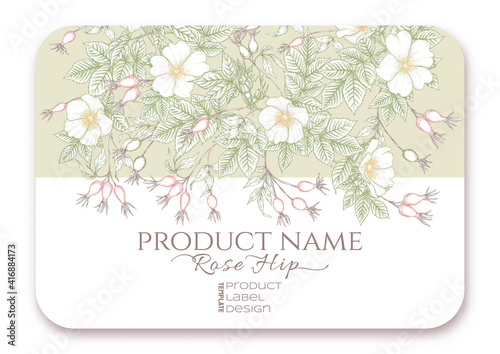 Rose hips with flowers and berries. Template for product label, cosmetic packaging. Easy to edit. Graphic drawing, engraving style. Vector illustration.