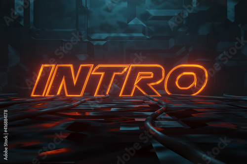 3D rendering of Cyberpunk word intro illuminated in orange in metal background. Artificially illuminated presentation words with blue light photo