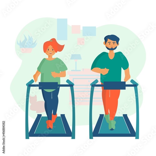 Smart man and woman on treadmill Workout at home Cartoon illustration