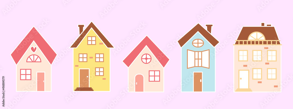 Set of cute houses in a flat style. Vector illustration.