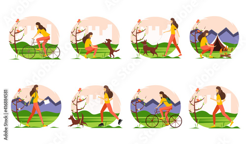Young girl doing different outdoor activities: running, rollerblading, walking and playing with the dog, traveling, cycling.  Spring activities set.