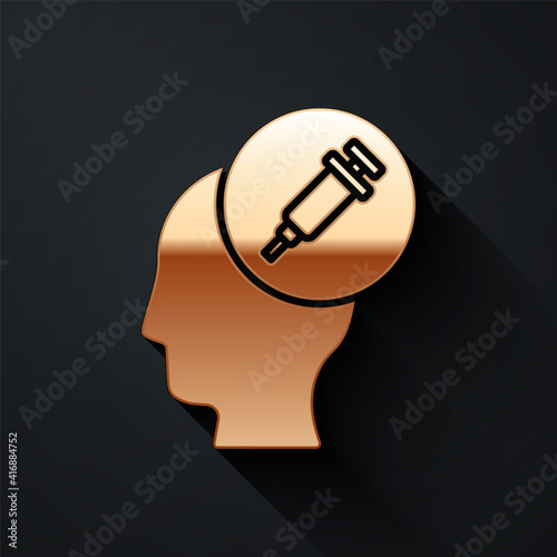 Gold Addiction to the drug icon isolated on black background. Heroin, narcotic, addiction, illegal. Sick junkie with a syringe and medical pills. Long shadow style. Vector.