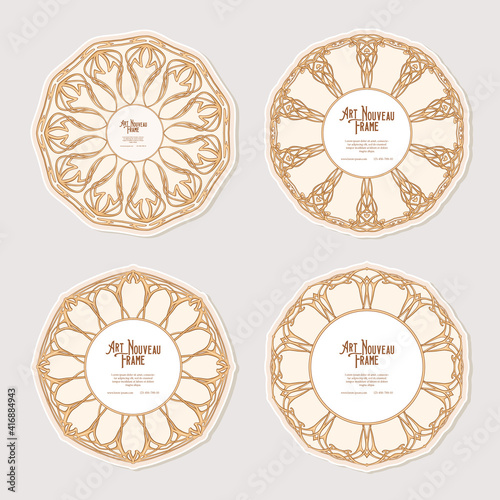 Set of four cercle label, decorative frame, border in art nouveau style, vintage, old, retro style. Tamplate good for product label with place for text. Vector illustration