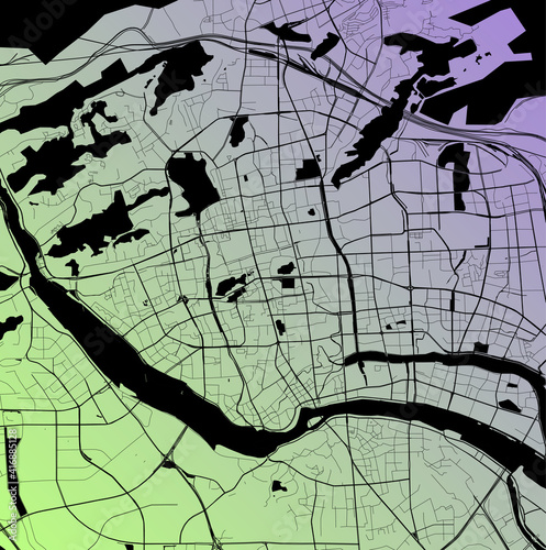 Fuzhou, Fujian, China (CHN) - Urban vector city map with parks, rail and roads, highways, minimalist town plan design poster, city center, downtown, transit network, gradient blueprint
