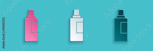 Paper cut Plastic bottle for laundry detergent, bleach, dishwashing liquid or another cleaning agent icon isolated on blue background. Paper art style. Vector.