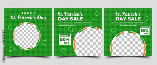 Social media post template for Saint Patrick's day. Stripe green background with clover decoration. Flat design vector with photo collage. Usable for social media, flyers, banners, and web internet ad
