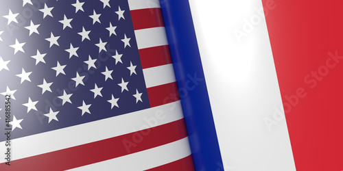 International communications for politics, military, economy and trade in 3D rendering concept: Dual composition of the USA, American, and French flag as background with copy space