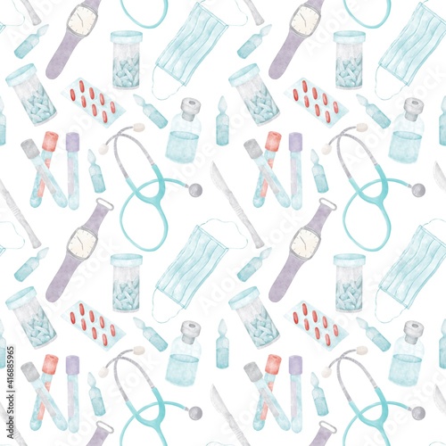 Seamless pattern of medical attributes blood test tubes, tablets, ampoules, mask, phonendoscope, scalpel, wrist watch for fabric