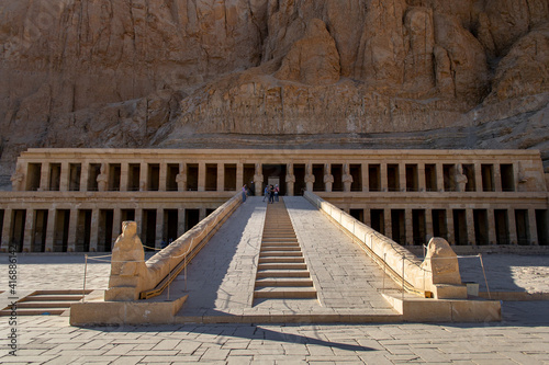 View of the rocky temple of Hatshepsut. Location of old city Luxor  complex Deir el-Bahari  Egypt  Africa. Popular touristic place. Ancient Egyptian civilization. Discover the beauty of earth.