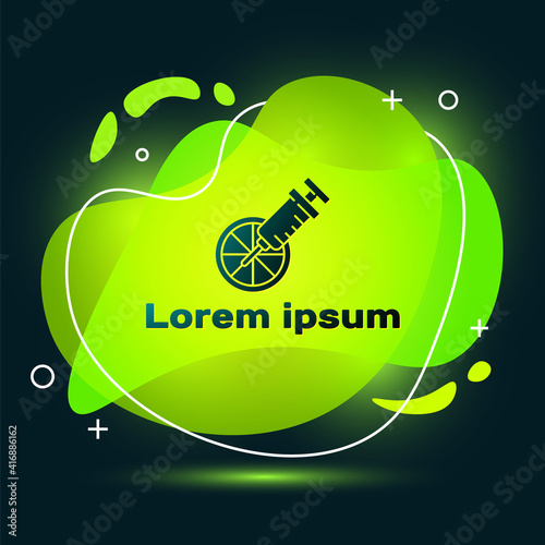 Black Genetically modified citrus fruit icon isolated on black background. Orange in a cut. Healthy lifestyle. GMO fruit. Abstract banner with liquid shapes. Vector.