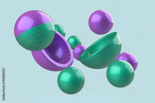 Composition with spheres and hemispheres. 3D render of spherical geometric shapes