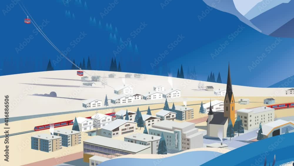 Winter landscape in an Alpine village. The train arrives at the railway station. Animated vector graphics. Winter landscape in an Alpine village. The train arrives at the railway station. Animated vector graphics.