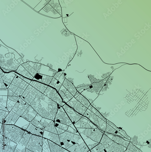 Shiraz, Fars, Iran (IRN) - Urban vector city map with parks, rail and roads, highways, minimalist town plan design poster, city center, downtown, transit network, gradient blueprint