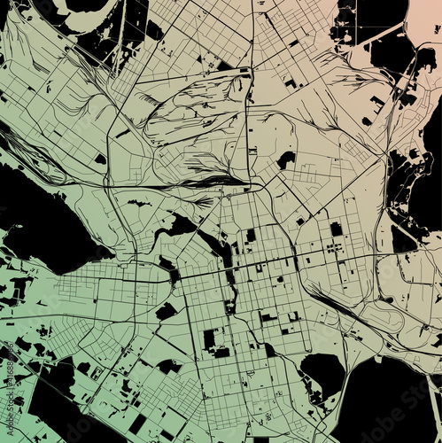 Yekaterinburg, Sverdlovsk, Russia (RUS) - Urban vector city map with parks, rail and roads, highways, minimalist town plan design poster, city center, downtown, transit network, gradient blueprint