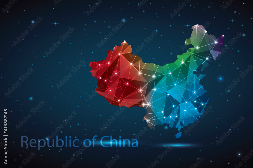 Abstract Polygon Map of China. Vector Illustration Low Poly Color Rainbow on Dark Background.