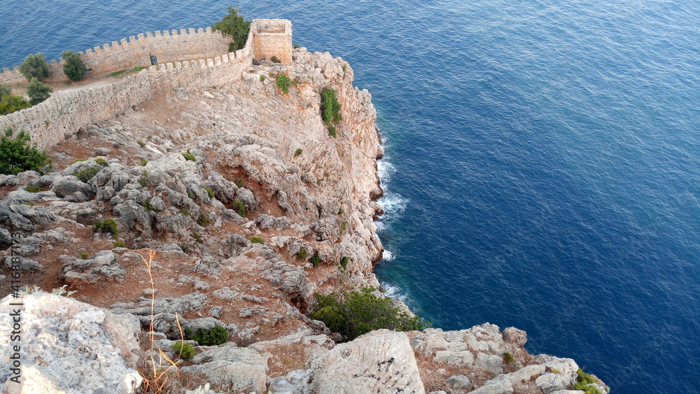 View of the fortress in Alanya from above. Sea and fortress in Turkey