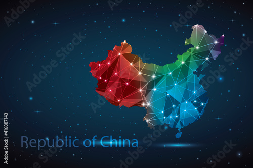 Abstract Polygon Map of China. Vector Illustration Low Poly Color Rainbow on Dark Background.