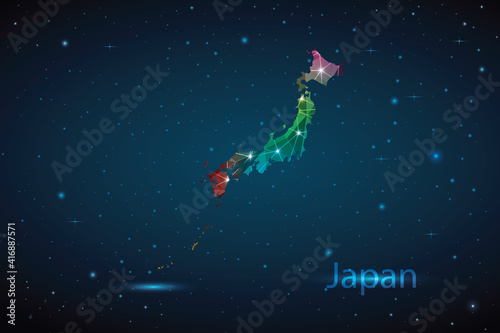 Abstract Polygon Map of Japan. Vector Illustration Low Poly Color Rainbow on Dark Background.