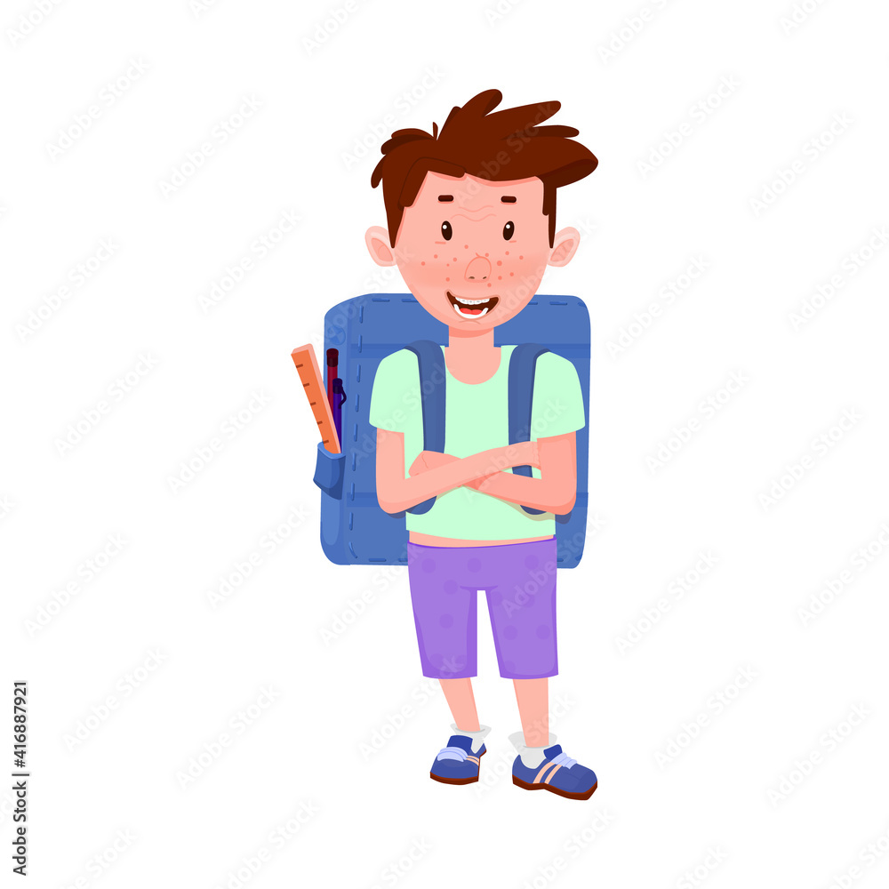 A cute boy with a backpack and crossed arms is angry. A cute boy with a backpack and crossed arms is angry.
