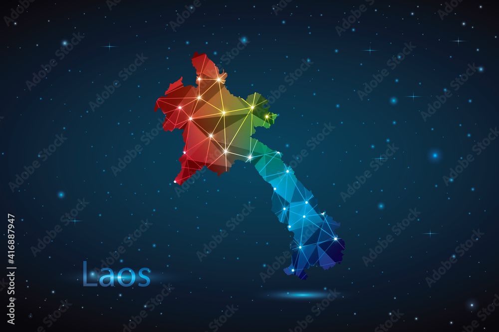 Abstract Polygon Map of Laos. Vector Illustration Low Poly Color Rainbow on Dark Background. Abstract Polygon Map of Laos. Vector Illustration Low Poly Color Rainbow on Dark Background.