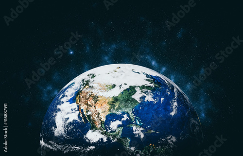 Planet earth globe view from space showing realistic earth surface and world map as in outer space point of view . Elements of this image furnished by NASA planet earth from space photos. photo