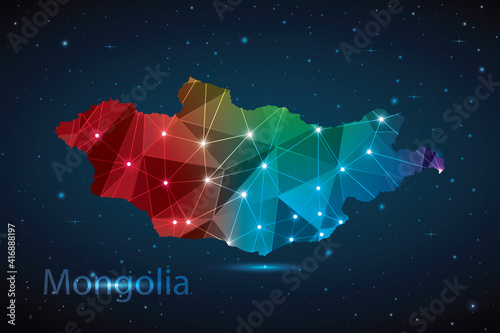 Abstract Polygon Map of Mongolia. Vector Illustration Low Poly Color Rainbow on Dark Background.