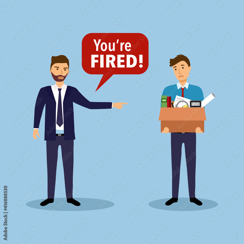 Businessman leaving job vector illustration. Fired office worker in flat design. Employee firing concept. Boss said you’re fired while company staff holding stuff with sad face.