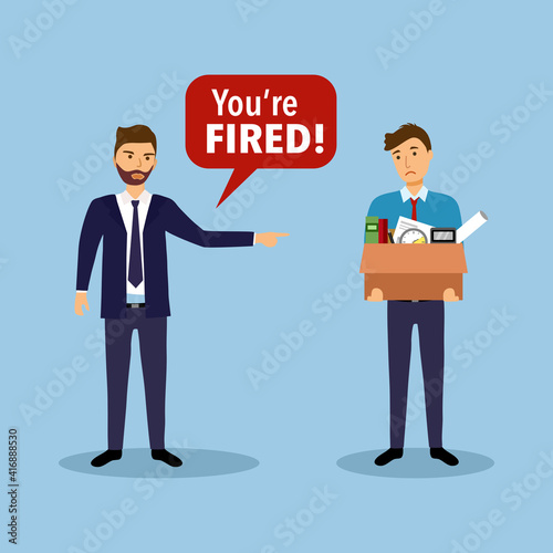 Businessman leaving job vector illustration. Fired office worker in flat design. Employee firing concept. Boss said you’re fired while company staff holding stuff with sad face.