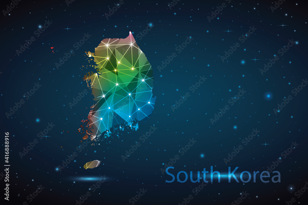 Abstract Polygon Map of South Korea. Vector Illustration Low Poly Color Rainbow on Dark Background. Abstract Polygon Map of South Korea. Vector Illustration Low Poly Color Rainbow on Dark Background.