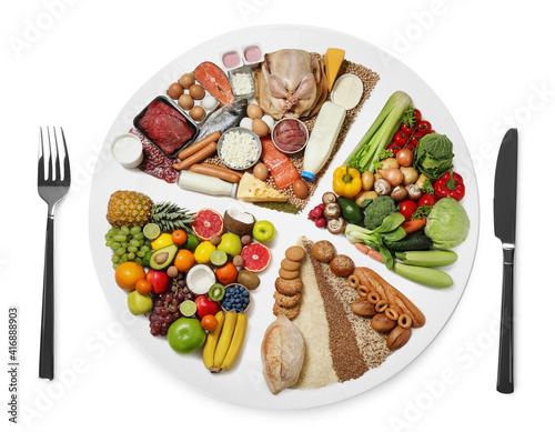 Cutlery near plate with different products on white background, top view. Balanced food