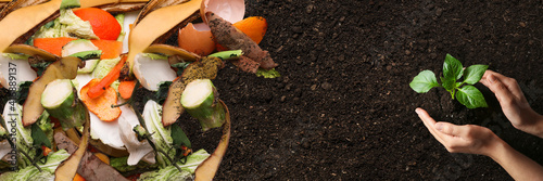 Organic waste for composting on soil and woman taking care of seedling, top view. Natural fertilizer photo