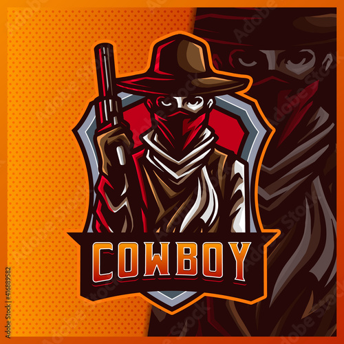 Silhouette American Cowboy Western Bandit Shooter mascot esport logo design illustrations vector template, Samurai logo for team game streamer youtuber banner twitch discord