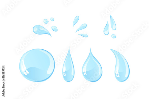 Shiny water drops illustration. Hand drawn blue sparkly liquid set isolated on white background. Puddle, drinking water, water festival decoration elements. Cartoon light colors splashes collection.