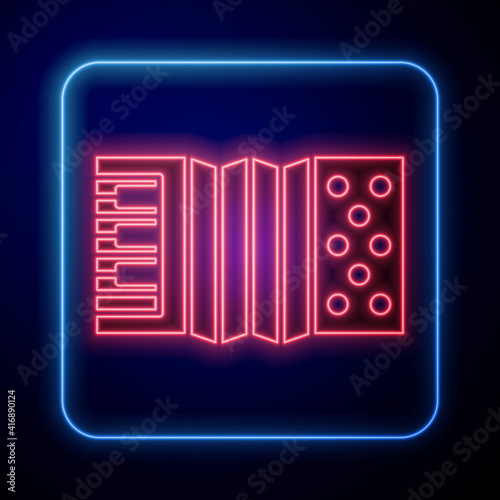 Glowing neon Musical instrument accordion icon isolated on black background. Classical bayan, harmonic. Vector.