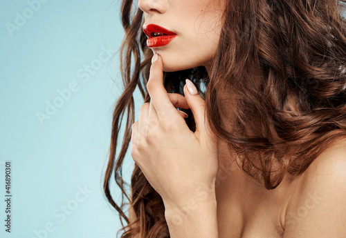 Beautiful brunette red lips bared shoulders sexy woman model