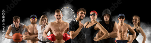 Sport collage. Fitness, tennis, swimming, boxing, basketball