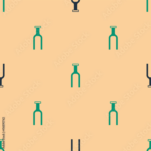 Green and black Bicycle suspension fork icon isolated seamless pattern on beige background. Sport transportation spare part steering wheel. Vector.