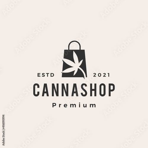 cannabis shop shopping bag hipster vintage logo vector icon illustration