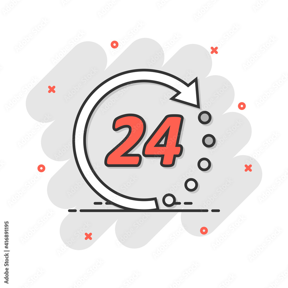 Vector cartoon time icon in comic style. 24 hours sign illustration pictogram. Clock timer business splash effect concept. Vector cartoon time icon in comic style. 24 hours sign illustration pictogram. Clock timer business splash effect concept.