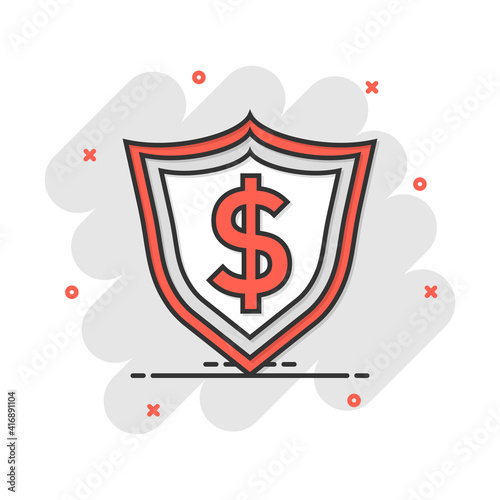 Vector cartoon shield with money icon in comic style. Shield sign illustration pictogram. Dollar business splash effect concept.