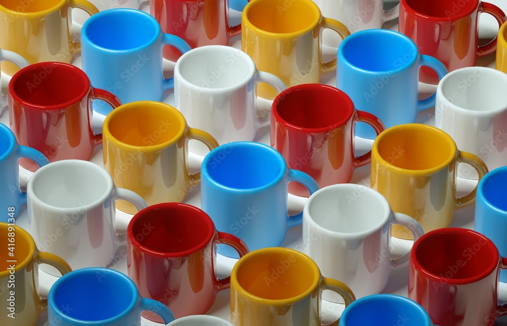 3D image of many multicolored ceramic cups on a white background 3D image of many multicolored ceramic cups on a white background