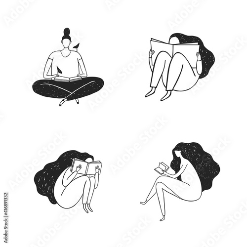 Vector hand drawn illustration of women reading. Graphic set on white background. Women hold a book in their hands. 