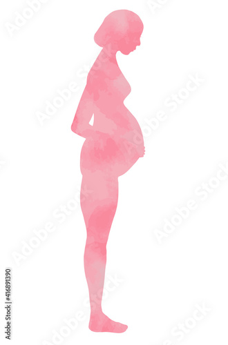 ボブヘアの妊婦のヌードシルエット・ピンク水彩・たちポーズ
silhouette of a pregnant woman with bobbed hair, nude, pink water color, posing, standing.