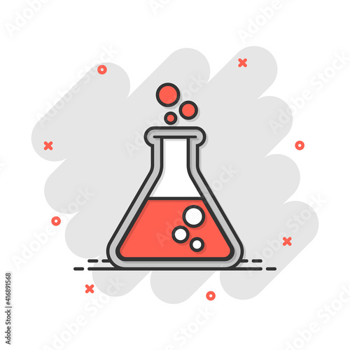 Vector cartoon chemical test tube icon in comic style. Laboratory glassware sign illustration pictogram. Flasks business splash effect concept.