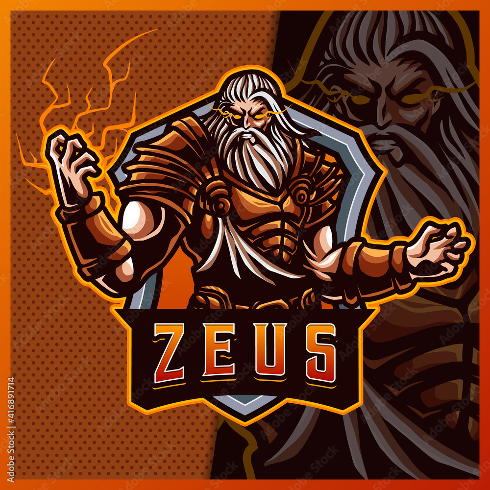 Zeus thunder god mascot esport logo design illustrations vector template, storm god logo for team game streamer youtuber banner twitch discord