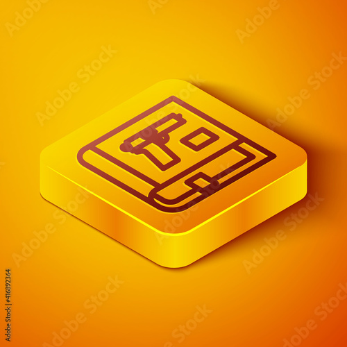 Isometric line Book with pistol or gun icon isolated on orange background. Police or military handgun. Small firearm. Weapon catalog. Yellow square button. Vector.